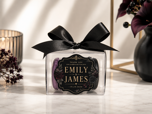 Gothic Wedding Favor Macarons | Personalized Black & Gold Wedding Favors | Dark Romance Bridal Shower | 2 Pack French Macarons