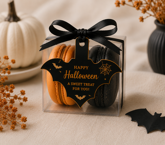 Halloween Macaron Party Favors | 2 French Macarons in Clear Gift Box | Bat Tag Favor | Gothic Wedding Favor | Halloween Wedding | Bridal Shower